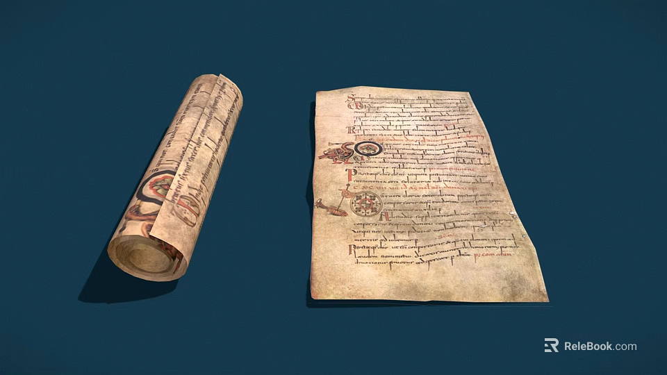 Ancient Rolled Scroll and Unfolded Manuscript on Antique Paper with Handwritten Text Decorative Patterns 3d model 