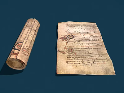 Ancient Rolled Scroll and Unfolded Manuscript on Antique Paper with Handwritten Text Decorative Patterns 3d model