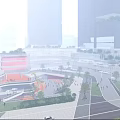 Modern Commercial Complex With Tall Glass Buildings Open Plaza Pedestrians Greenery Vibrant Urban Atmosphere