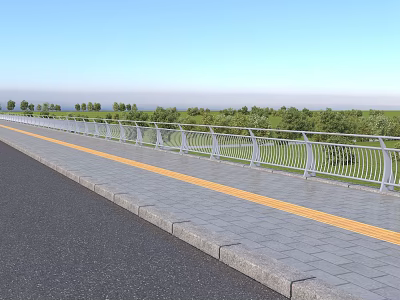 Modern Metal Railings Along Roadside With Paved Walkway Yellow Line Green Trees And Blue Sky 3d model