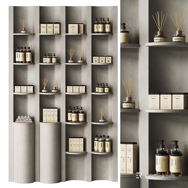 Modern Retail Display Shelves with Organized Bottles Candles and Decorative Boxes 3d model 