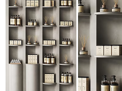 Modern Retail Display Shelves with Organized Bottles Candles and Decorative Boxes 3d model