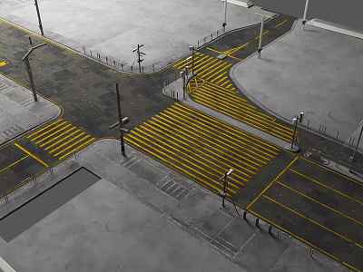 Road Facilities At Urban Crossroad With Yellow Striped Zebra Crossing Traffic Lights And Street Lamps 3d model
