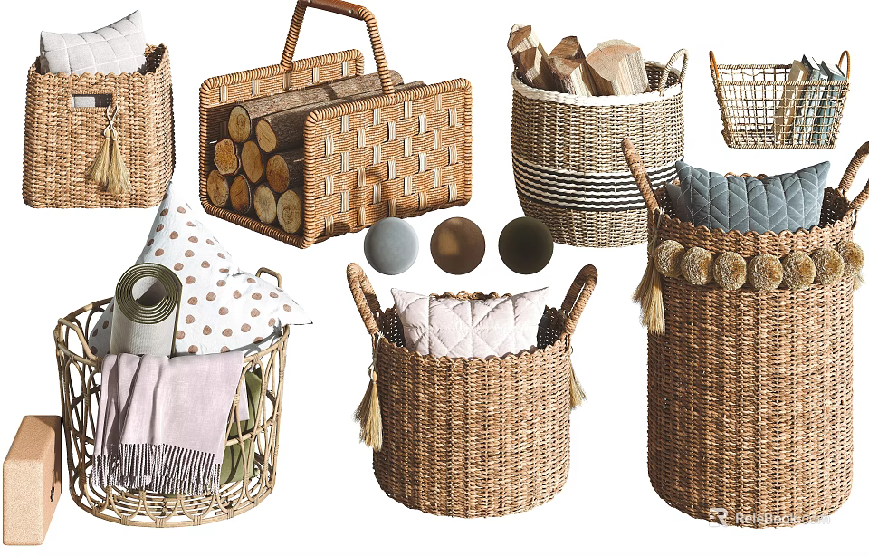 Braided Wicker Storage Baskets With Handles And Tassels For Organizing Logs Pillows And Blankets 3d model 