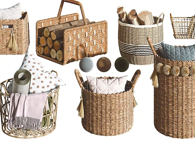 Braided Wicker Storage Baskets With Handles And Tassels For Organizing Logs Pillows And Blankets 3d model