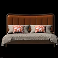 Double Bed With Orange Upholstered Headboard Patterned Pillows And Wooden Frame 3d model