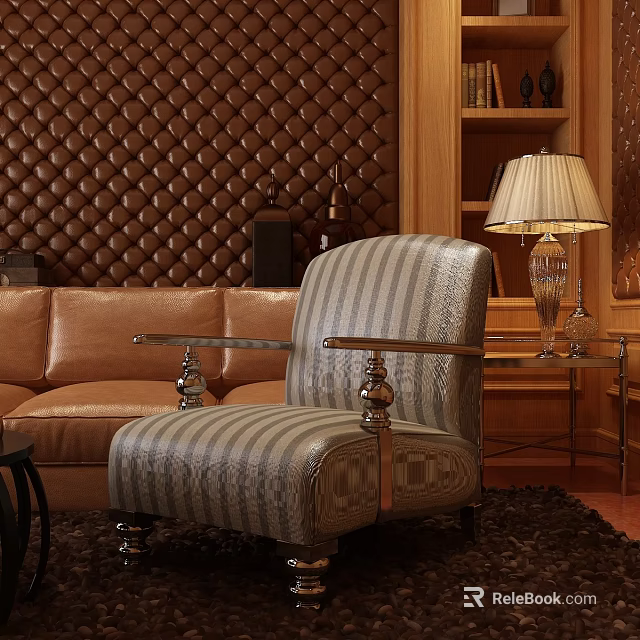 Striped Accent Chair With Metal Legs In Interior With Brown Tufted Wall And Wooden Bookshelf 3d model 