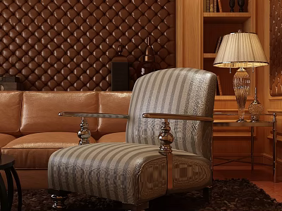 Striped Accent Chair With Metal Legs In Interior With Brown Tufted Wall And Wooden Bookshelf 3d model