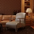 Striped Accent Chair With Metal Legs In Interior With Brown Tufted Wall And Wooden Bookshelf
