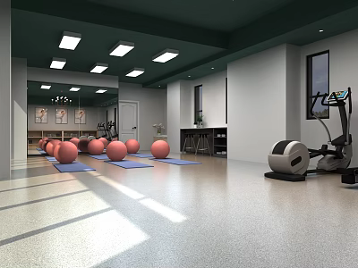 Bright Spacious Gym Interior With Yoga Balls On Mats And Elliptical Machine 3d model