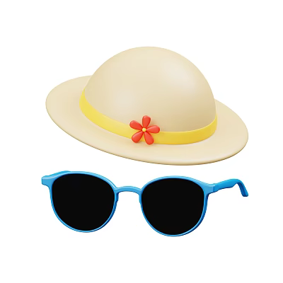 Beige Hat With Yellow Ribbon And Red Flower Paired With Blue Round Black Lens Sunglasses 3d model