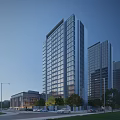 Modern High Rise Residential Building with Glass Curtain Walls Surrounded by Trees Streetlights and Cars