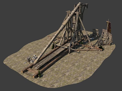 Ancient Siege Weapon With Wooden Structure Launch Arm And Banner In Ground Setting 3d model