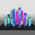 Colorful Vertical Columns With Digital Screens On Reflective Modern Platform