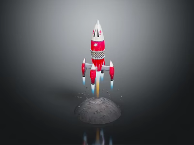 Red And White Rocket Launching From Moon Surface With Flames During Space Exploration 3d model