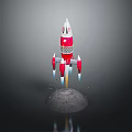 Red And White Rocket Launching From Moon Surface With Flames During Space Exploration