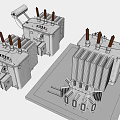 Industrial Electrical Transformers Featuring Metal Casing Orange Insulators And Cooling Fins