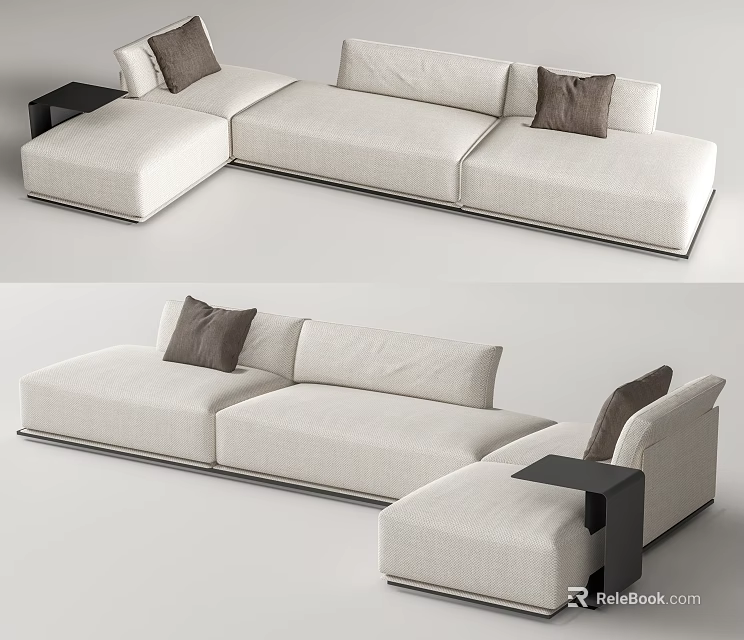 Light Colored Modern Sectional Sofa With Dark Accent Cushions And Black Side Tables 3d model