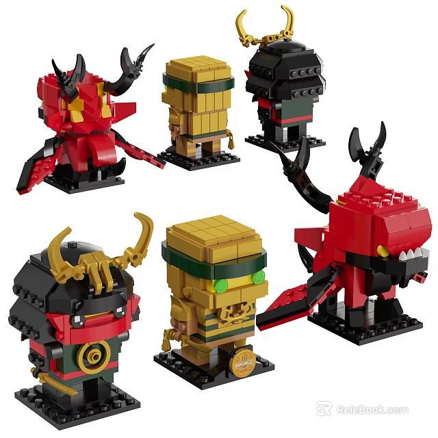 Creative Building Blocks Figurine Set With Red Black Yellow Characters And Horns Wings 3d model 