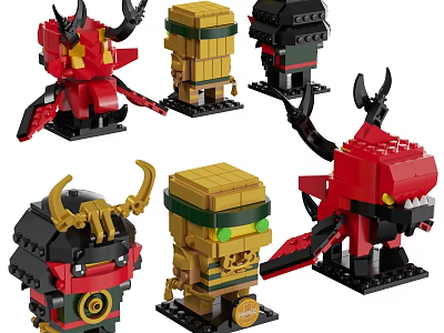Creative Building Blocks Figurine Set With Red Black Yellow Characters And Horns Wings 3d model