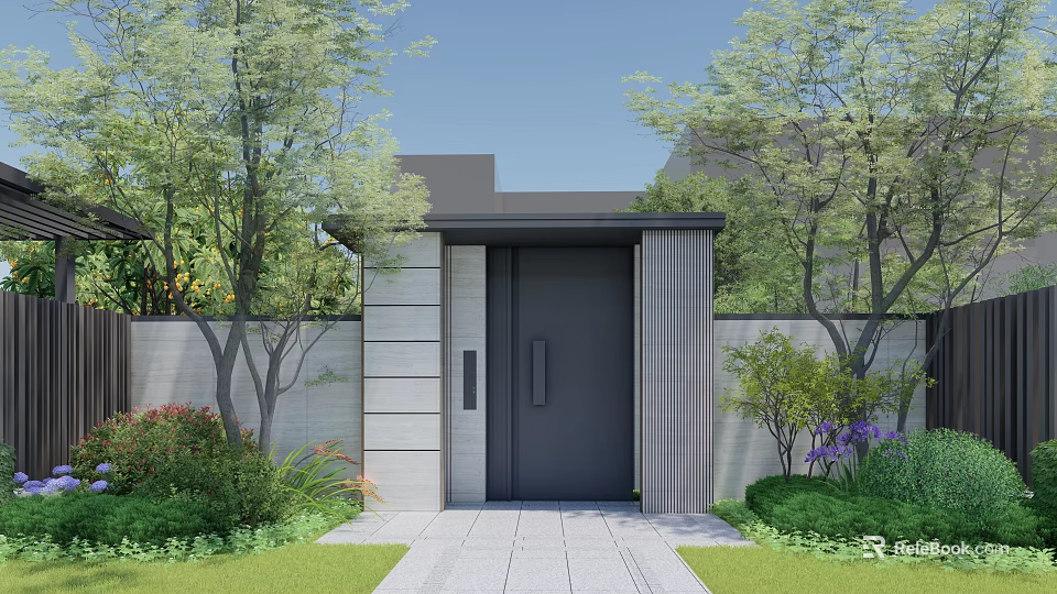 Modern Entry Gate with Dark Finish Surrounded by Greenery Trees Stone Wall and Pathway 3d model
