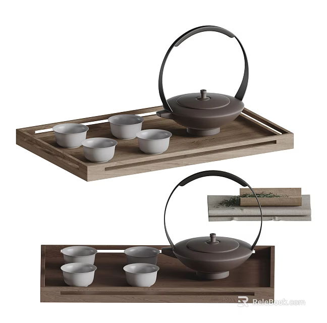Elegant Minimalist Ceramic Tea Set With Wooden Tray Teapot And Teacups 3d model 
