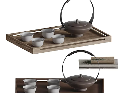 Elegant Minimalist Ceramic Tea Set With Wooden Tray Teapot And Teacups 3d model