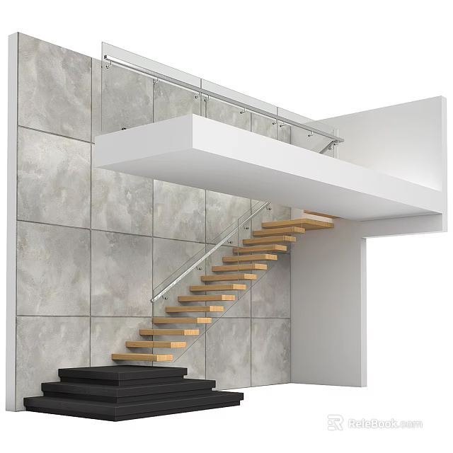 Modern Staircase With Wooden Steps Glass Railing And Gray Stone Wall Design 3d model 