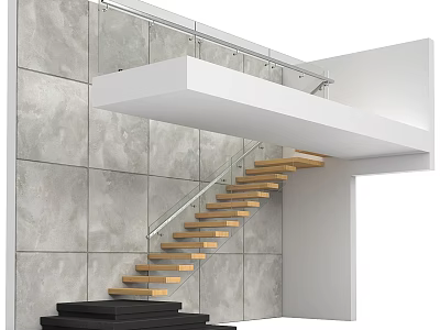 Modern Staircase With Wooden Steps Glass Railing And Gray Stone Wall Design 3d model
