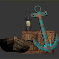 Rustic Nautical Decorative Scene With Wooden Boat Blue Anchor And Box