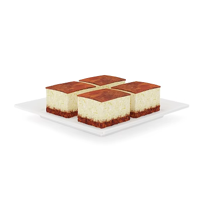 Four Square Cakes With Brown Top Light Cream And Red Bottom Edge On White Plate 3d model