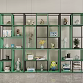 Green Open Shelving Unit with Books Decorative Items Vases and Sculptures