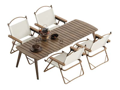 Modern Outdoor Table And Chair Set With Wooden Tabletop Metal Frame And White Cushioned Chairs 3d model