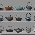 Assorted Teapots Collection With Various Colors And Styles On White Shelves 3d model
