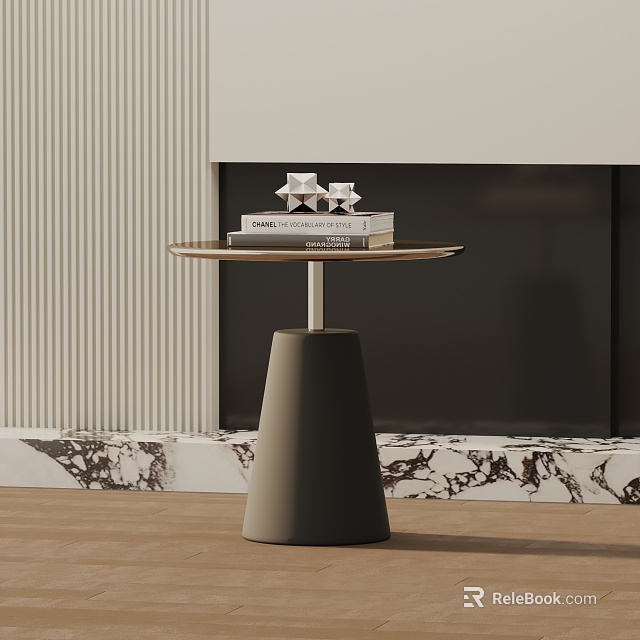 Modern Side Table With Conical Base Round Top Books Decorative Items And Marble Accent Interior 3d model 