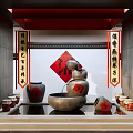 Traditional Chinese Style Wine Cellar With Red Wine Jars And Decorative Elements 3d model