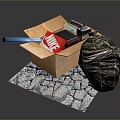 Open Cardboard Box with Nike Box Black Trash Bag on Cracked Mat