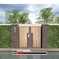 Modern Wooden Entrance Gate With Vertical Striped Design Stone Pillars And Green Hedge Walls