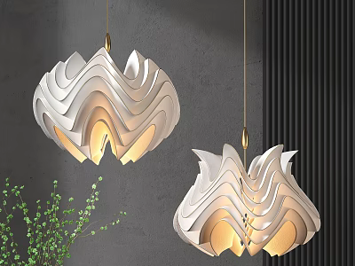 Modern White Wavy Pendant Light With Warm Glow Against Gray Wall And Green Plant 3d model