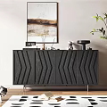 Modern Black Herringbone Pattern Console Table Sideboard with Decorative Items Green Plant and Wall Art 3d model