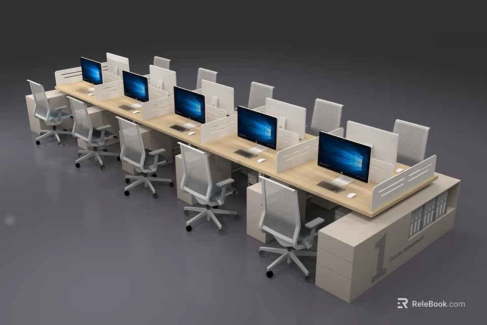 Modern Office Desks Arranged with Partitions Computer Monitors and Office Chairs 3d model 