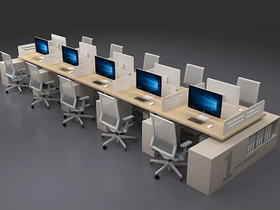 Modern Office Desks Arranged with Partitions Computer Monitors and Office Chairs 3d model