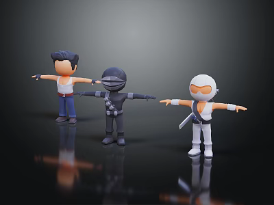 Three Colorful Cartoon Characters Standing With Outstretched Arms In Different Costumes On Black Background 3d model