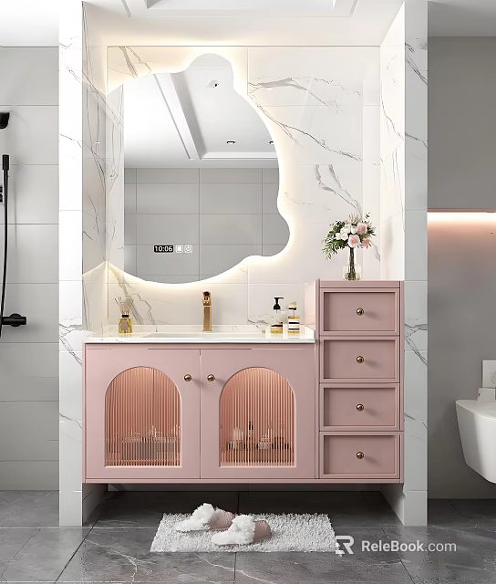 Elegant Washbasin Featuring Pink Cabinet Marble Background and Decorative Mirror with Flowers 3d model 