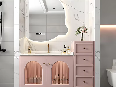 Elegant Washbasin Featuring Pink Cabinet Marble Background and Decorative Mirror with Flowers 3d model