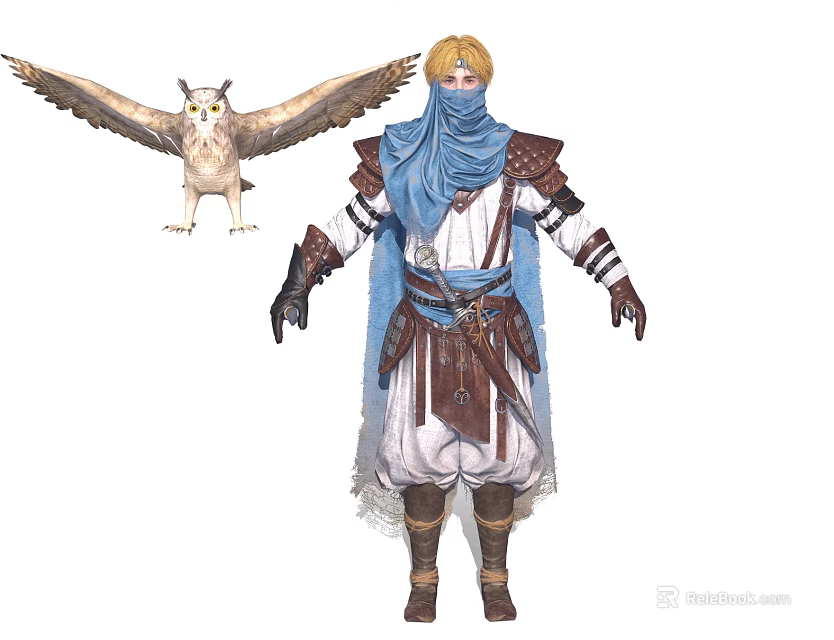 Man In Blue Scarf And Brown Armor With White Robe And Owl With Spread Wings 3d model 