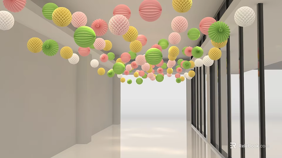Colorful Hanging Decorations With Green Yellow Pink White Textured Balls In Bright Hallway 3d model 