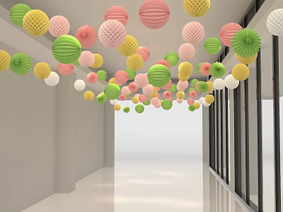 Colorful Hanging Decorations With Green Yellow Pink White Textured Balls In Bright Hallway 3d model