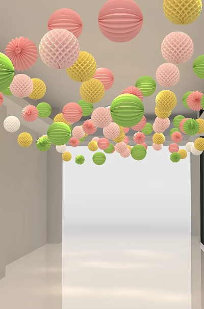 Colorful Hanging Decorations With Green Yellow Pink White Textured Balls In Bright Hallway 3d model