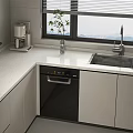 Modern Kitchen With Sleek White Countertop Dishwasher Coffee Maker And Potted Plant By Window
